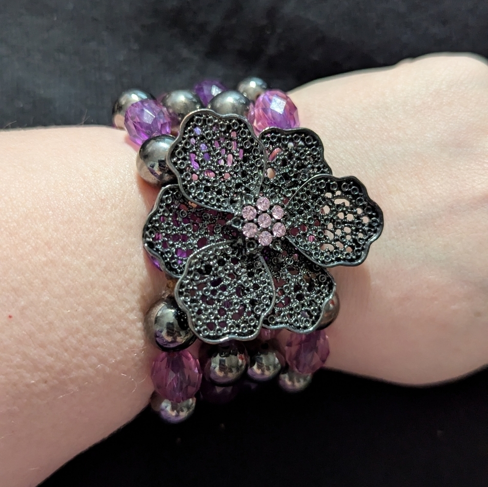 Gunmetal Black Purple Beaded Floral Stretchy Elastic Statement Bracelet